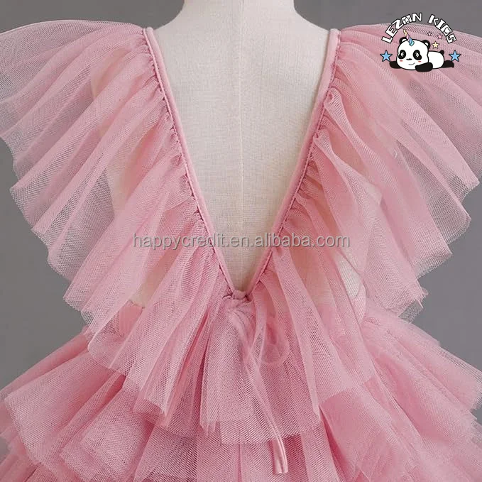 LEZONKIDS - OEM Customizable Ruffle Sleeves Layered Tulle Girls Dress V-Neck Puffy Lace Dress for Girls 8 Years Size